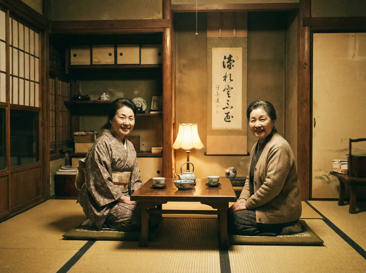 两位优雅的 伦理电影 在日式茶室中品茶交谈